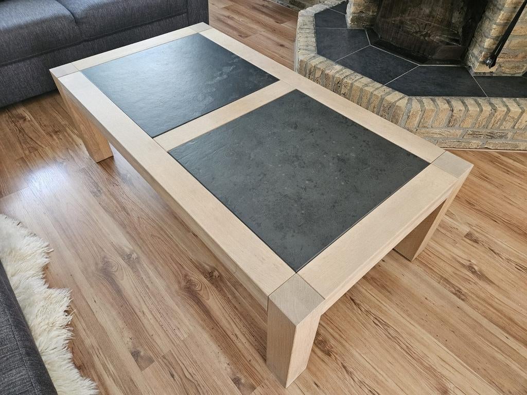 Massief Eiken Salontafel met Leistenen Blad (143x76x45), Huis en Inrichting, Ophalen, 100 tot 150 cm, Eikenhout, 50 tot 100 cm