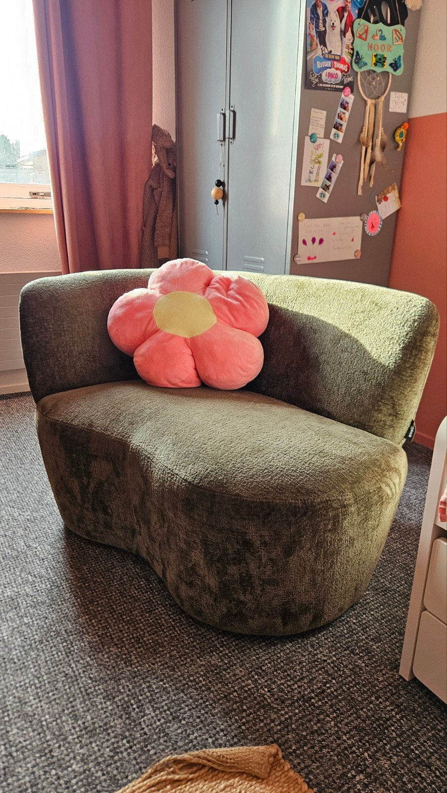 WOOOD fauteuil Stone warmgroen velvet structuur, Ophalen, Gebruikt, Minder dan 75 cm, 100 tot 125 cm