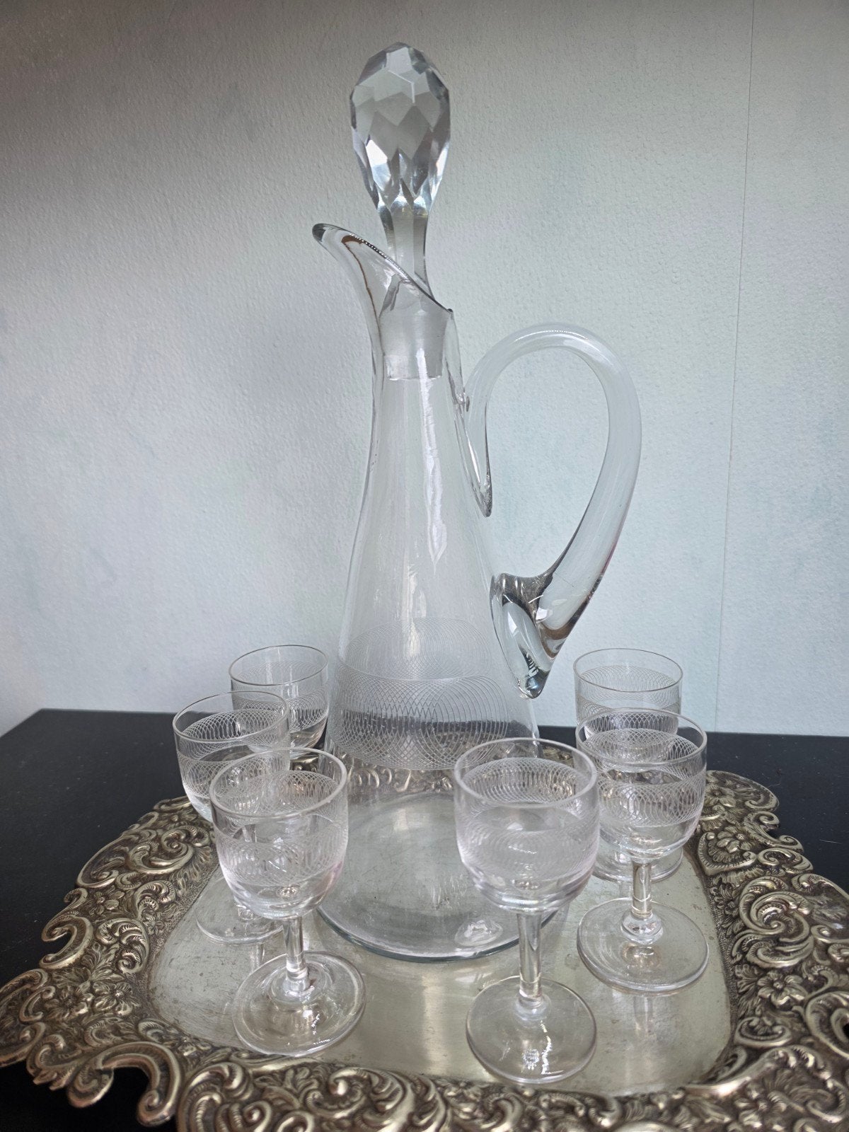Verzilverd dienblad met Leerdam karaf en glaasjes, Ophalen of Verzenden