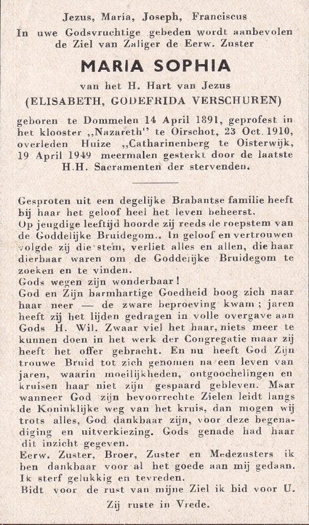 Verschuren Elisabeth 1891 Dommelen 1949 Oisterwijk zuster, Verzamelen, Bidprentjes en Rouwkaarten, Ophalen of Verzenden, Bidprentje