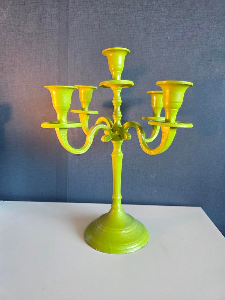 Opvallende neon groene kandelaar met 5 armen, Ophalen of Verzenden, Koper of Brons