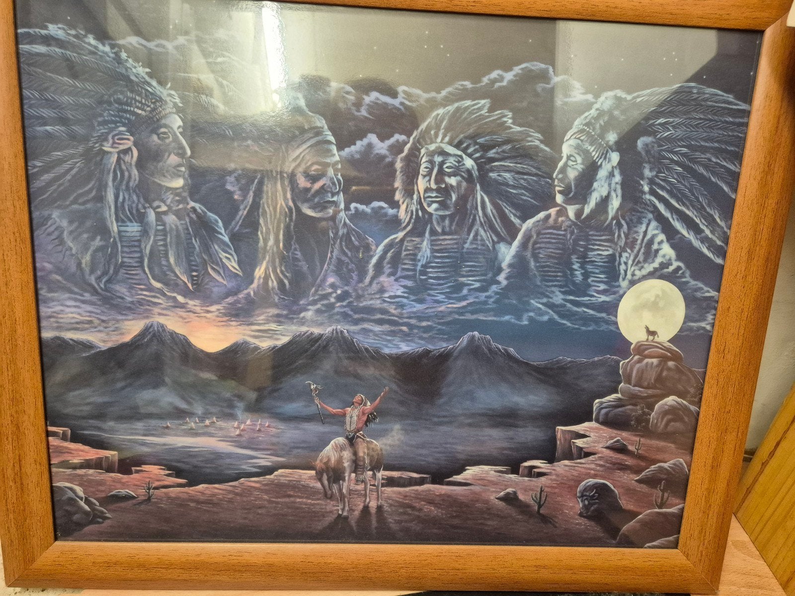 Ingekadreerde print met Native American thema, Antiek en Kunst, Ophalen, Figuren, Papier/karton, Ingelijst