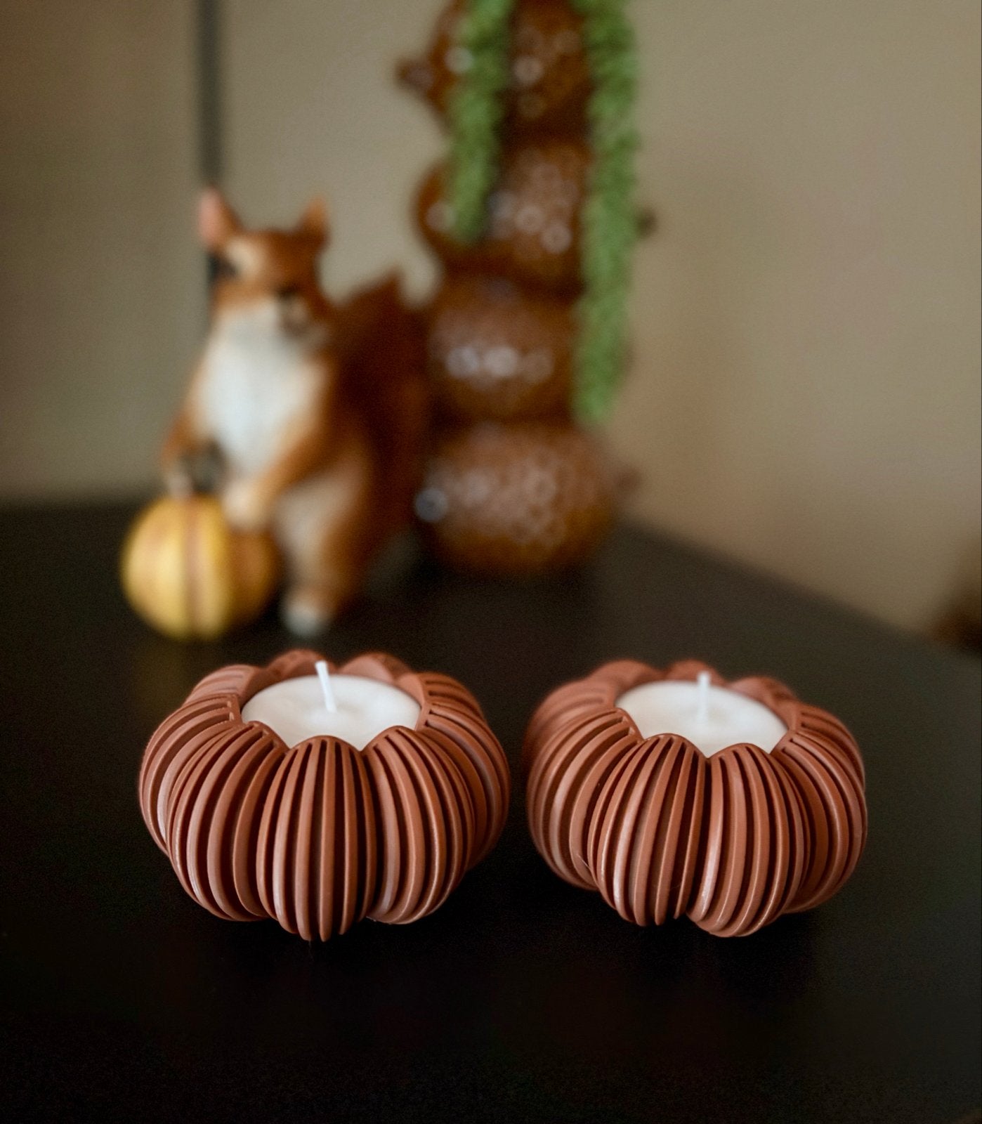 Set van 2 terracotta waxinelichthouders pompoen design, Kunststof, Bruin, Overige merken, Waxinelichthouder