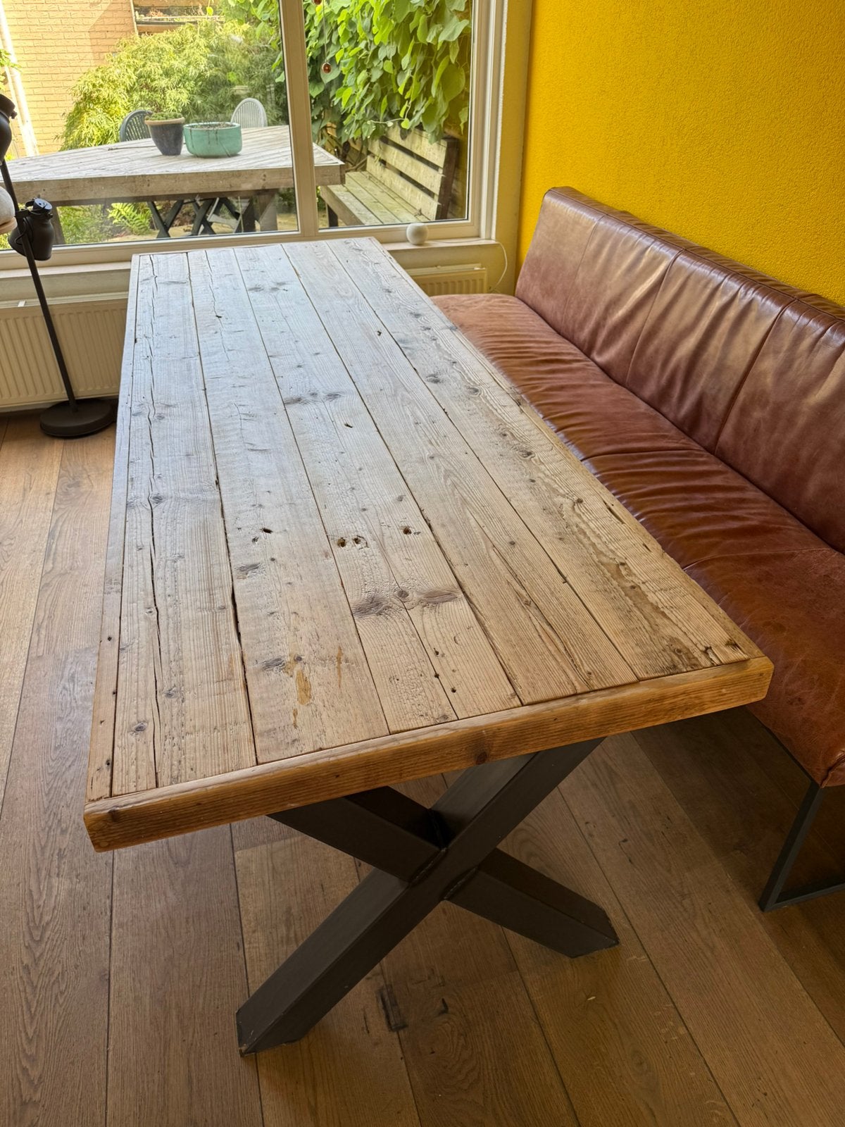 Steigerhouten eettafel 240 x 84 cm met stalen X-poten, Ophalen, Gebruikt, 200 cm of meer, 50 tot 100 cm