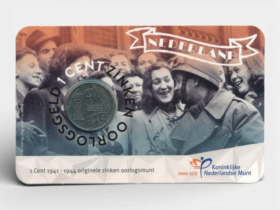 Nederland 1 cent zink (1944) uit oorlogstijd in coincard 202, Ophalen of Verzenden, Koningin Wilhelmina, 1 cent, Losse munt