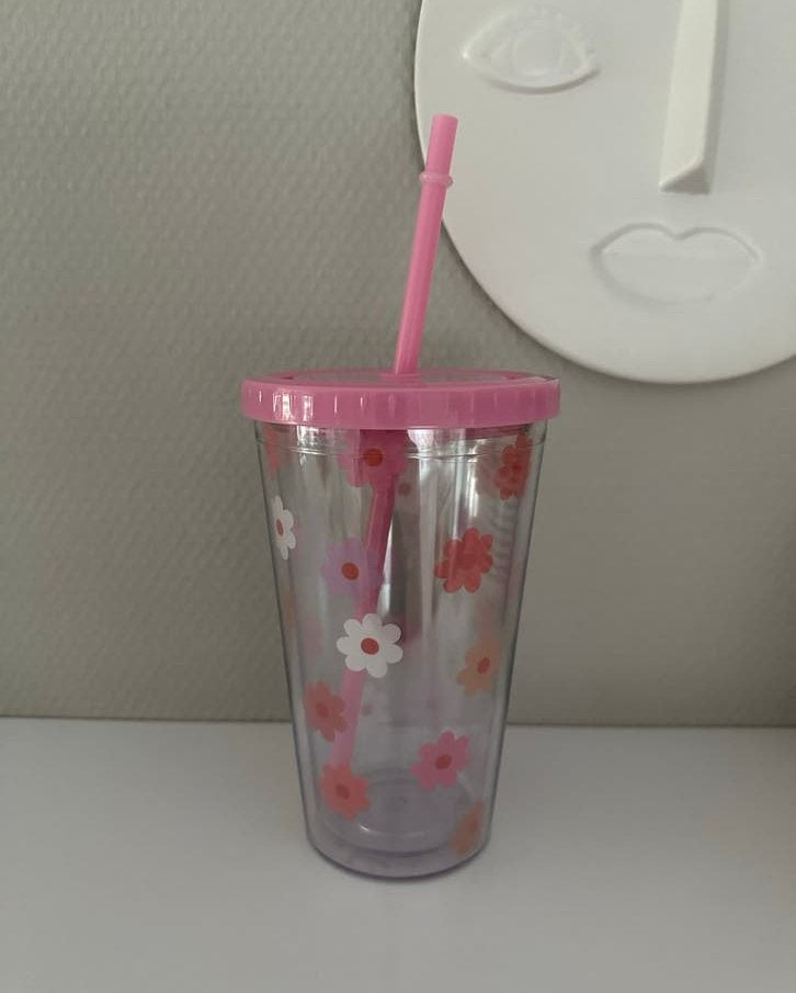 Roze drinkbeker met rietje en bloemetjespatroon - Hema, Kunststof, Ophalen of Verzenden, Roze, Overige typen