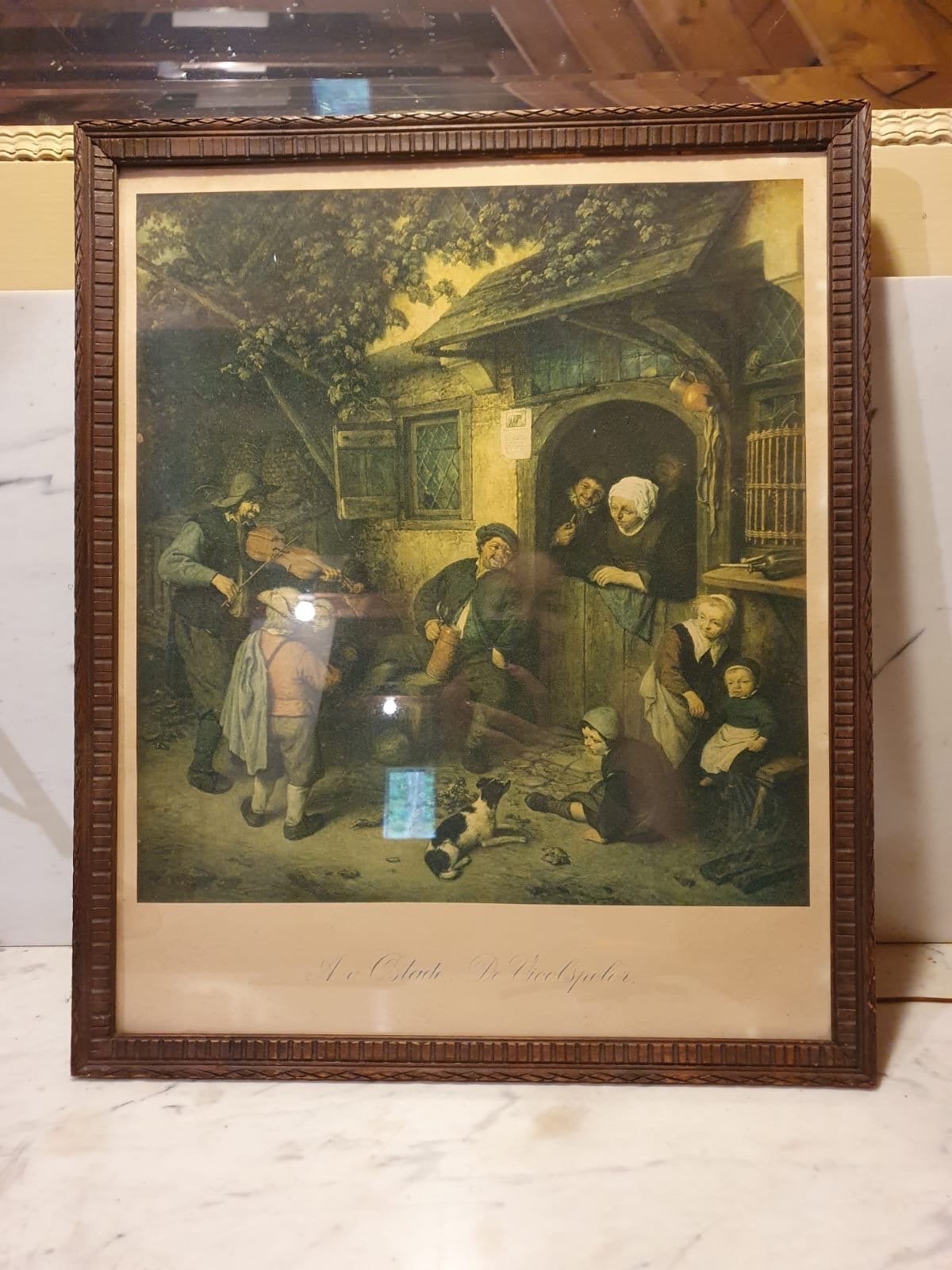 Vintage prent 'De Vioolspeler' in houten lijst 50x40, Ophalen of Verzenden