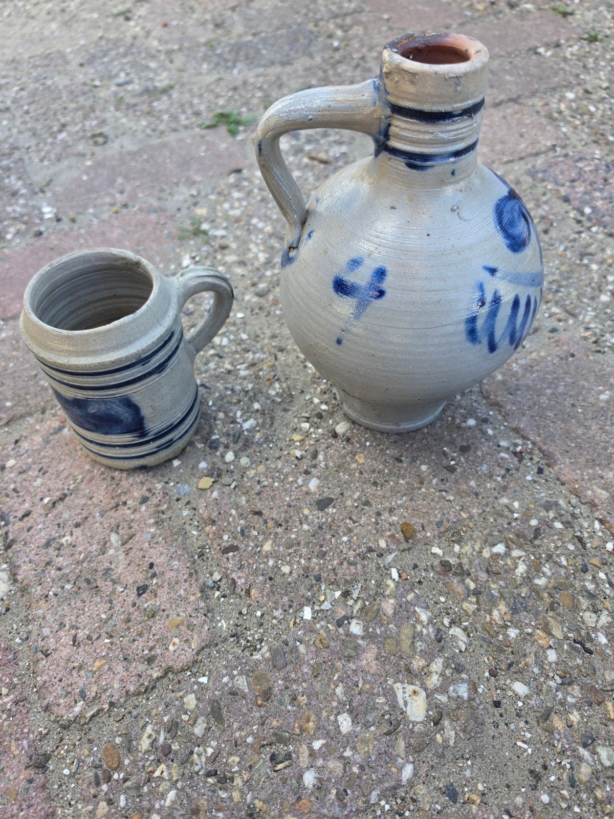 Vintage aardewerk kan en beker, grijs/blauw, Ophalen of Verzenden