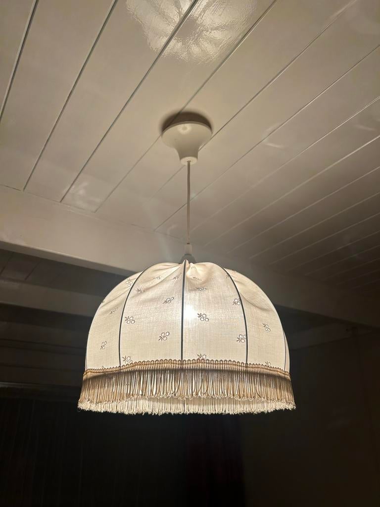 Vintage stoffen hanglamp met franjes, Huis en Inrichting, Lampen | Hanglampen, Ophalen of Verzenden, Gebruikt