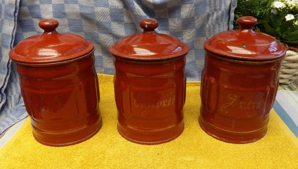 emaille bussen/ voorraadbussen uit Frankrijk, Antiek en Kunst, Antiek | Emaille, Ophalen of Verzenden