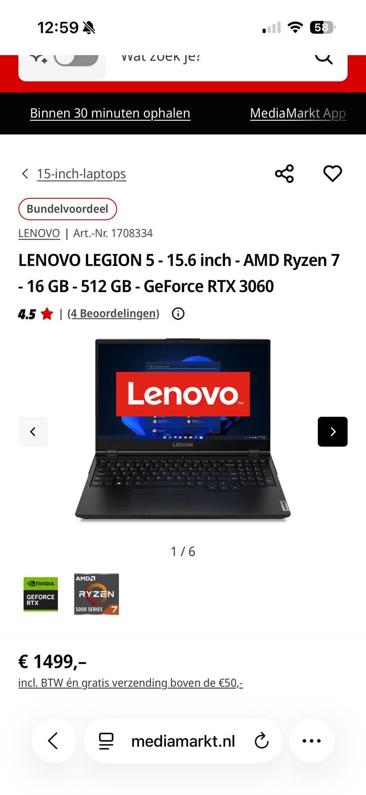 LENOVO LEGION 5 RTX 3060 165 HZ Ryzen 7, Ophalen, Gebruikt, Gaming, SSD