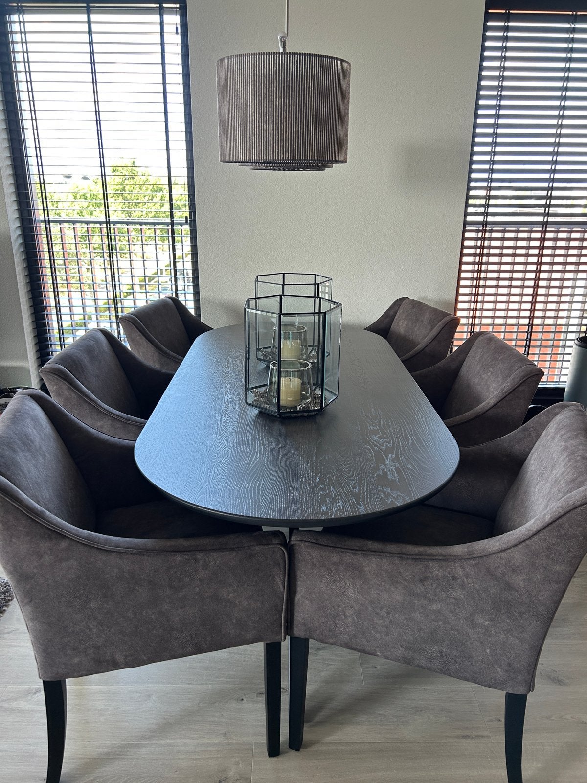 6x Rivièra Maison Savile Row eetkamerstoelen, Ophalen, Bruin, Luxe eetkamerstoelen met armleuning, Zo goed als nieuw