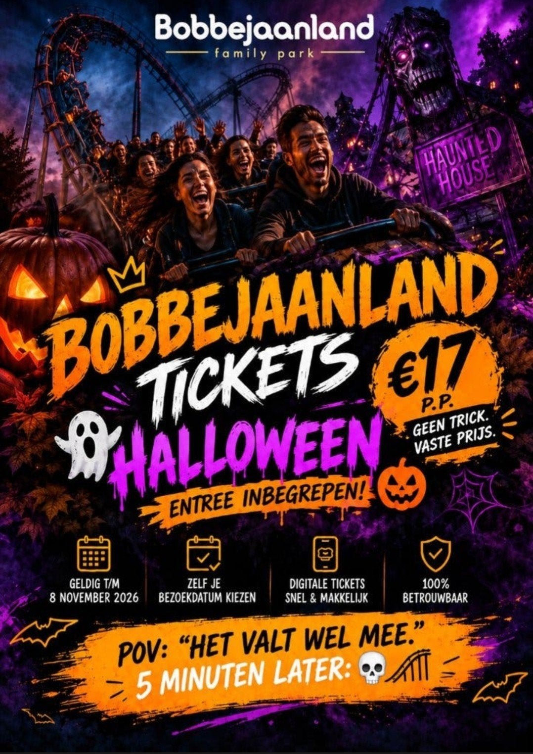 BOBBEJAANLAND TICKETS INCL HALLOWEEN ENTREE, Drie personen of meer, Ticket of Toegangskaart