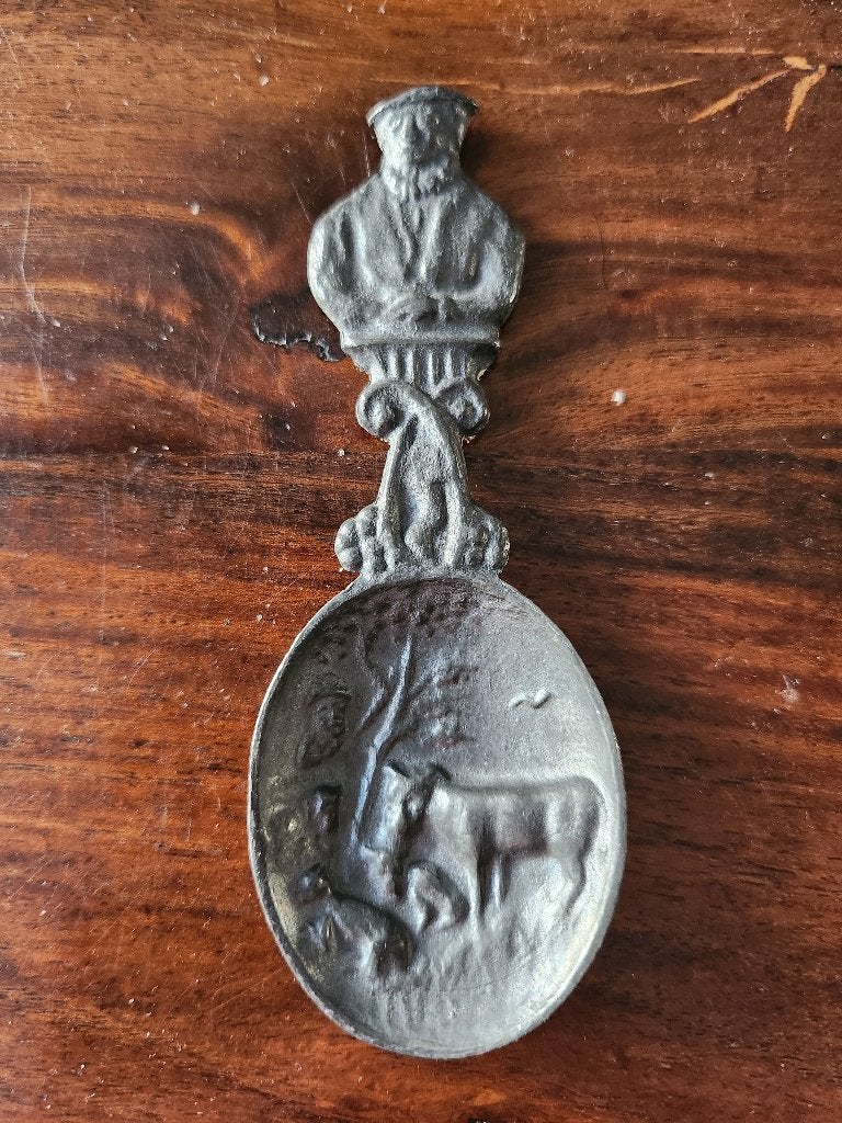 Tinnen Lepel met Koe en Boer, Ophalen of Verzenden