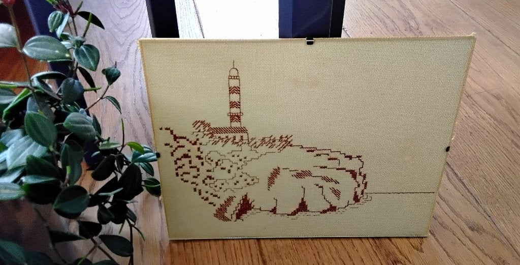 Oud borduurwerkje in wissellijst - vuurtoren, Ophalen of Verzenden