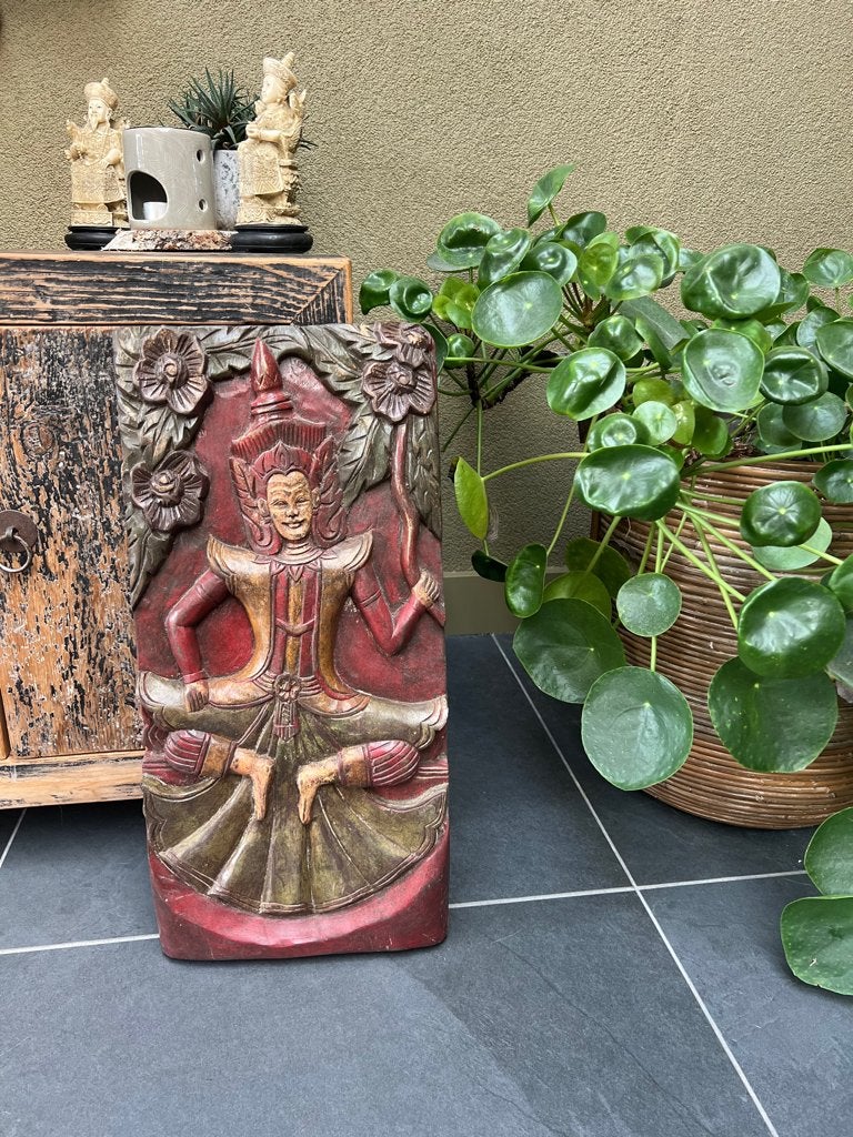 Thailand houtsnijwerk wandpaneel thaise tempel wachter poort, Antiek en Kunst, Overige onderwerpen, Houtsnijwerk, Handgemaakt