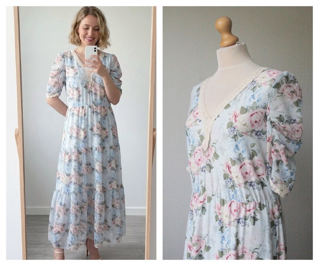 K-design - prachtige bloemen maxi jurk blauw - maat S, K-design, Zo goed als nieuw, Maat 36 (S), Onder de knie