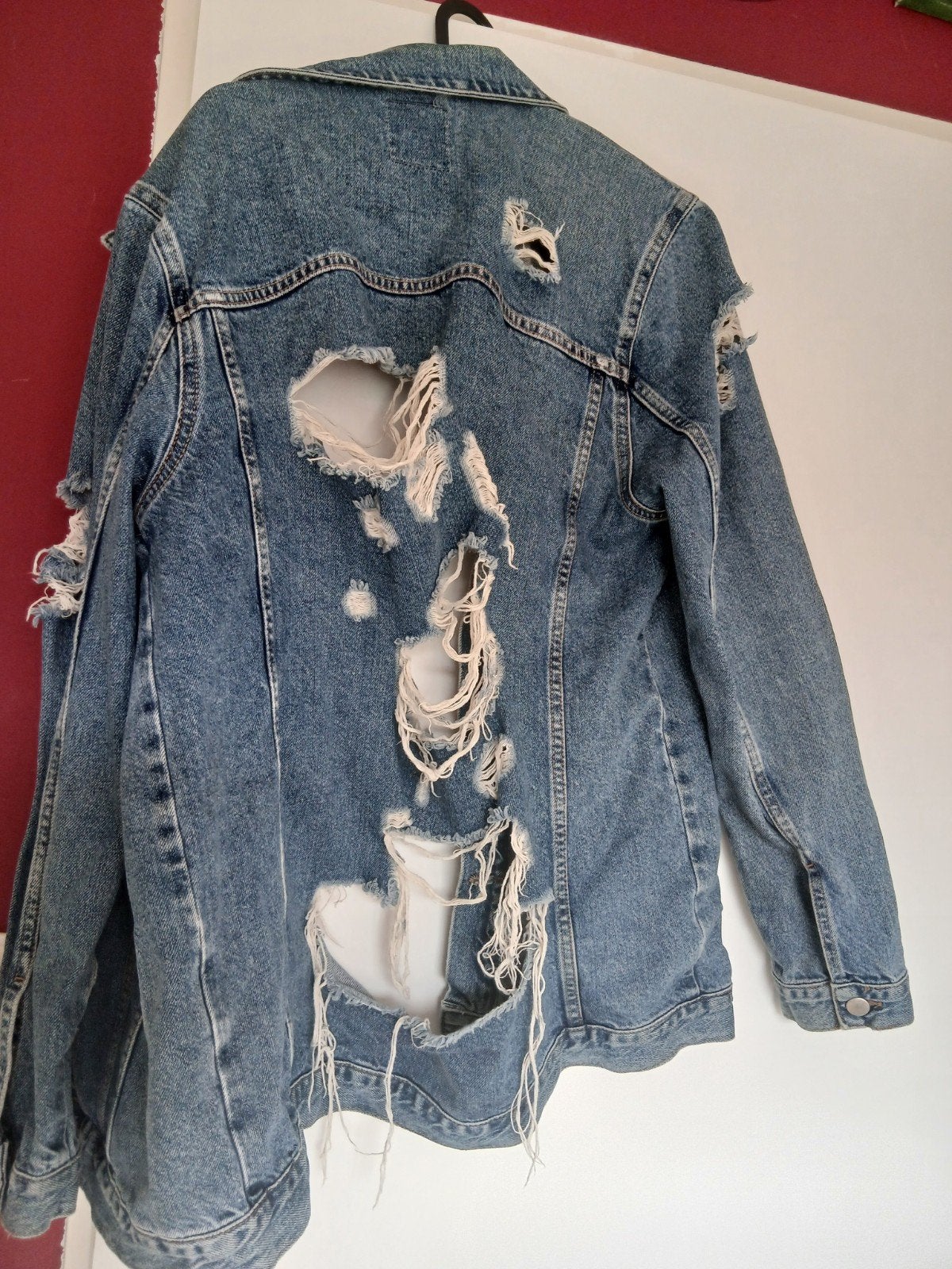 Gedragen Denim Co. spijkerjas met scheuren - Maat M, Maat 38/40 (M), Blauw, Ophalen of Verzenden, Gedragen