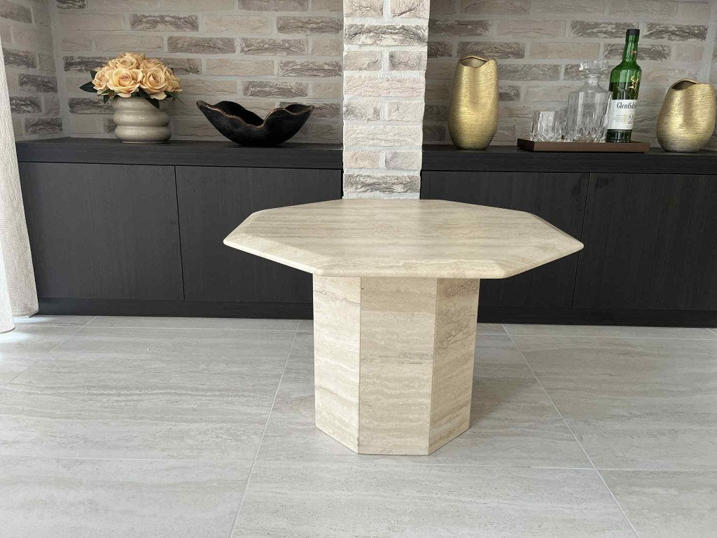 Schitterende bijzettafel - Italiaans travertin 60x60, Zo goed als nieuw, Overige vormen, Overige materialen, Minder dan 45 cm