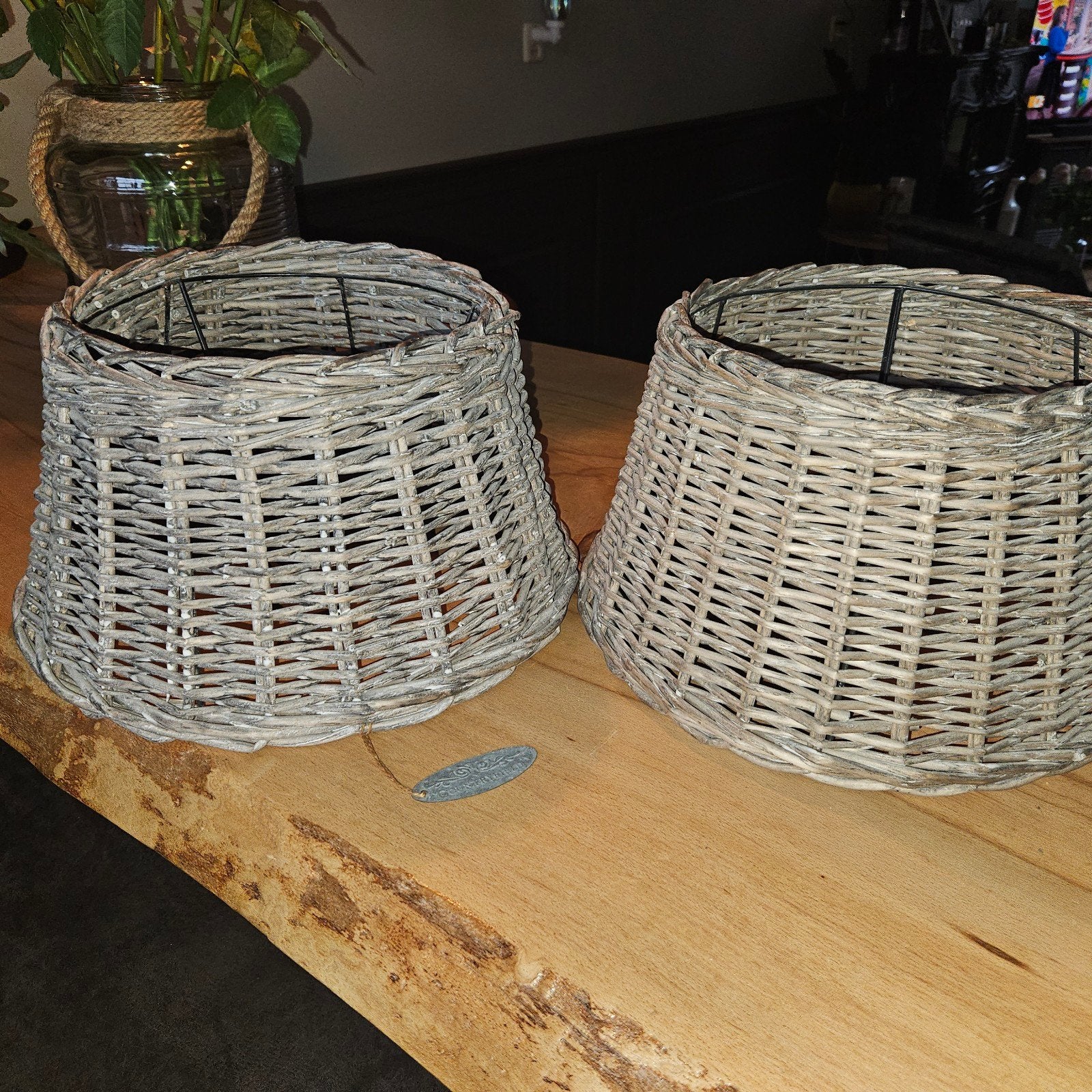 Rotan lampenkappen 2x, Gebruikt, Tafellamp, Natuurlijk materiaal, Rond