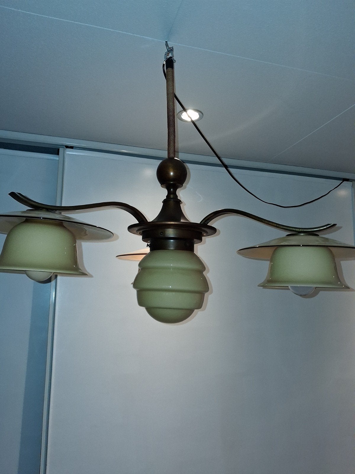 Originele Art Deco hanglamp ca. 1930, opaalglas,  4 lampen, Ophalen of Verzenden