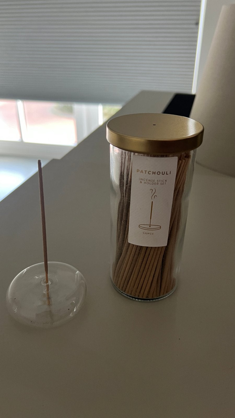 Patchouli wierook set met glazen houder, Huis en Inrichting, Ophalen, Meerkleurig, Nieuw, Modern