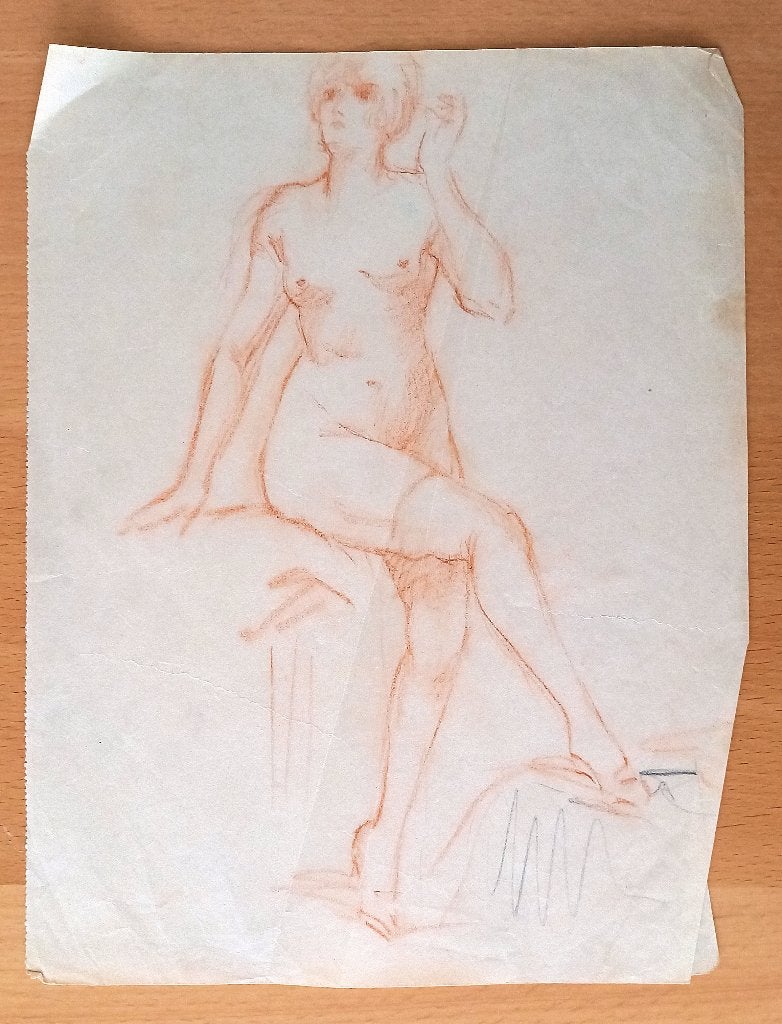 A493-14 Oude tekening Ontklede vrouw met kousen en schoenen, Antiek en Kunst, Ophalen of Verzenden