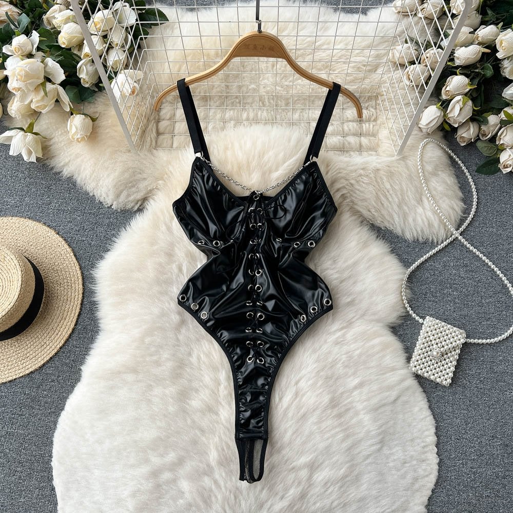 Zwarte kunstleren dames romper met ketting, Verzenden, Zwart, Body of Korset