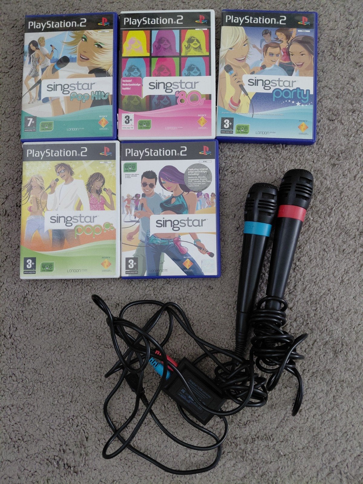 Singstar PlayStation 2 Bundel: 5 Spellen + Microfoons, Ophalen of Verzenden, Gebruikt, Microfoon, PlayStation 2