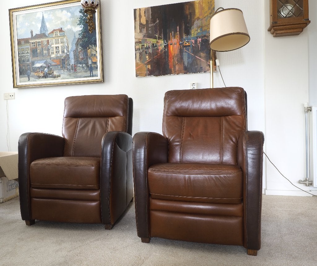 2 seniorenstoelen, Huis en Inrichting, Stoelen, Gebruikt, Twee, Hout, Leer, Bruin, Ophalen
