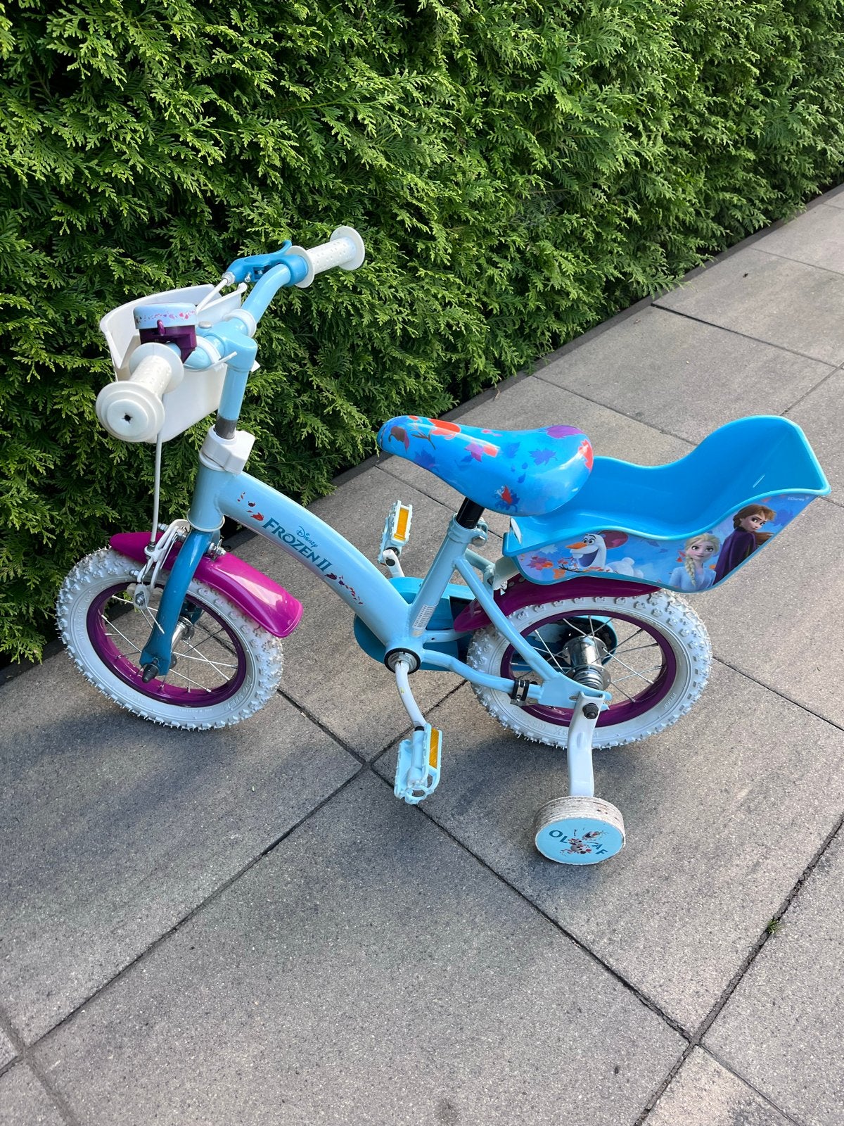 Frozen kinderfiets met zijwieltjes en mandje, Ophalen, Terugtraprem, Zijwieltjes, Gebruikt