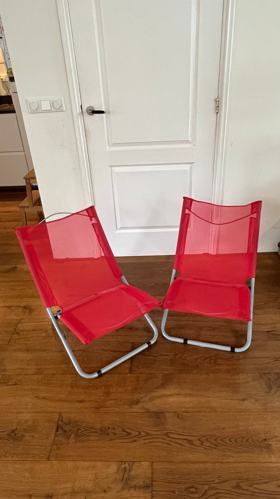 2x Rode inklapbare strandstoelen / campingstoelen, Tuin en Terras, Ophalen, Gebruikt, Metaal, Inklapbaar