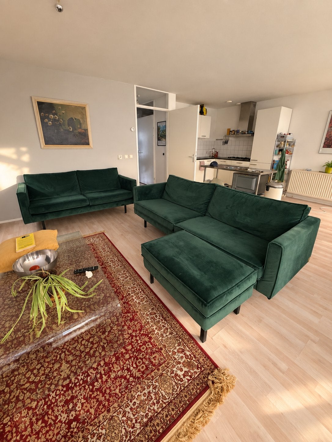 Groene velvet banken set (Loods 5 & Sissy-Boy) met hocker, Ophalen, Gebruikt, Stof