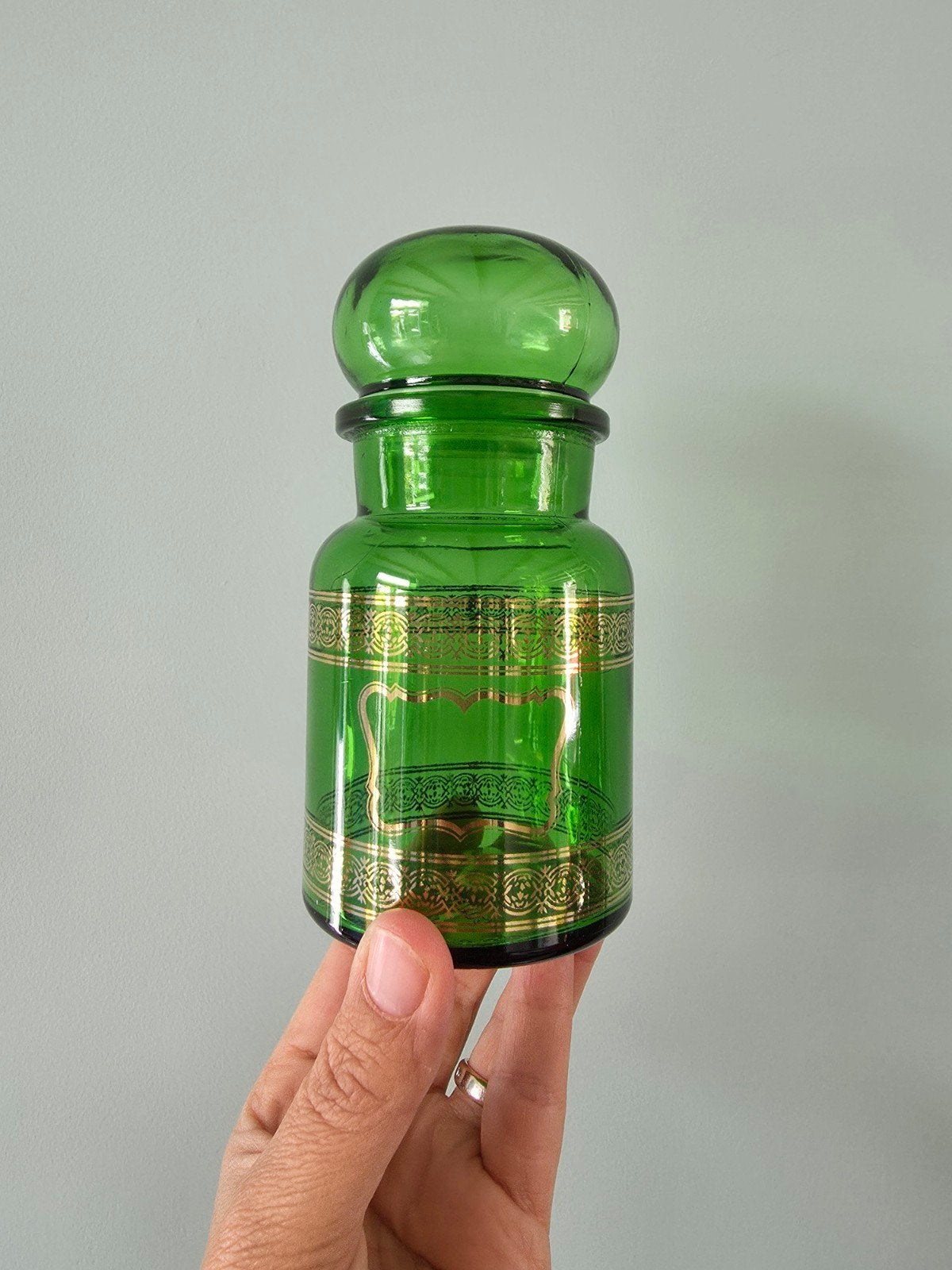Vintage glazen apothekerspot met goudkleurige details, Antiek en Kunst, Ophalen of Verzenden