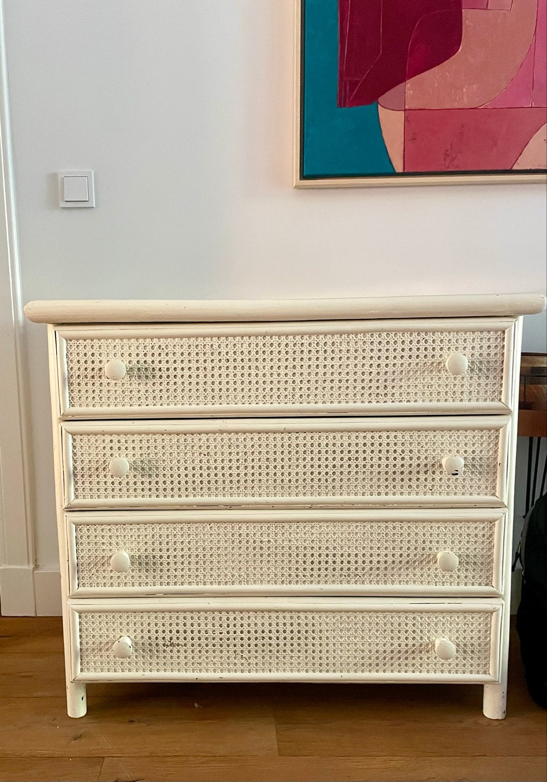 Rotan ladekast met 4 laden - Crème wit, Ophalen, Gebruikt, 50 tot 100 cm, 3 of 4 laden