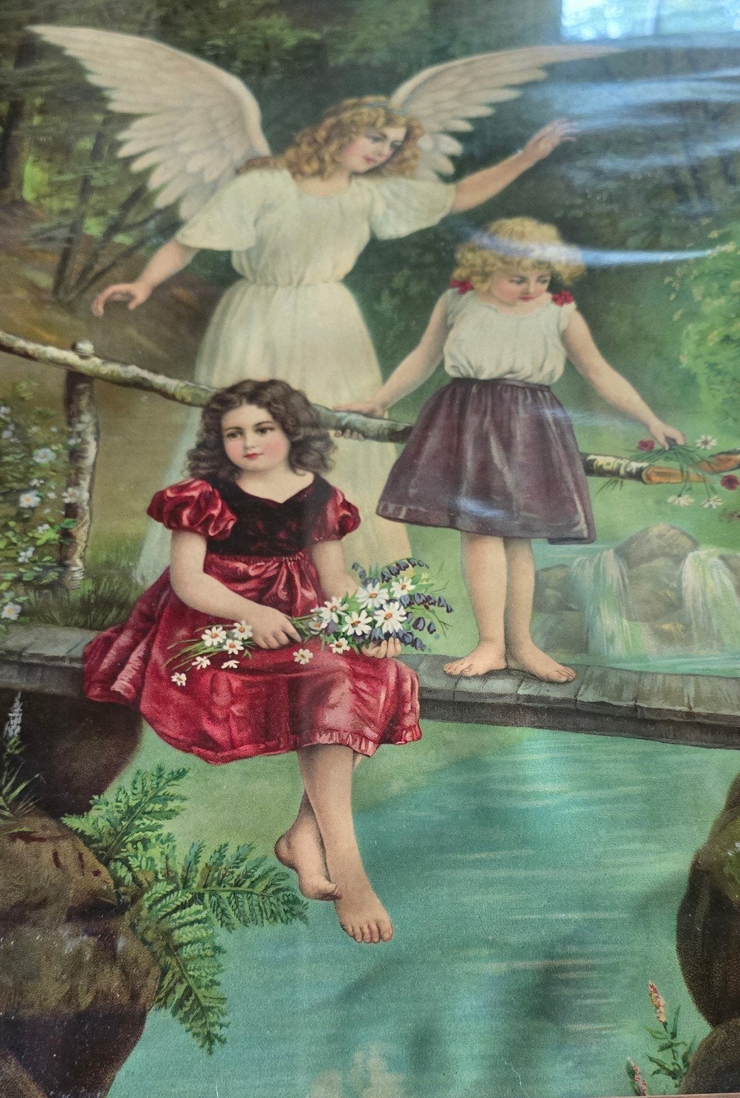 Oude Franse prent schilderij engel in houten lijst met glas, Ophalen of Verzenden