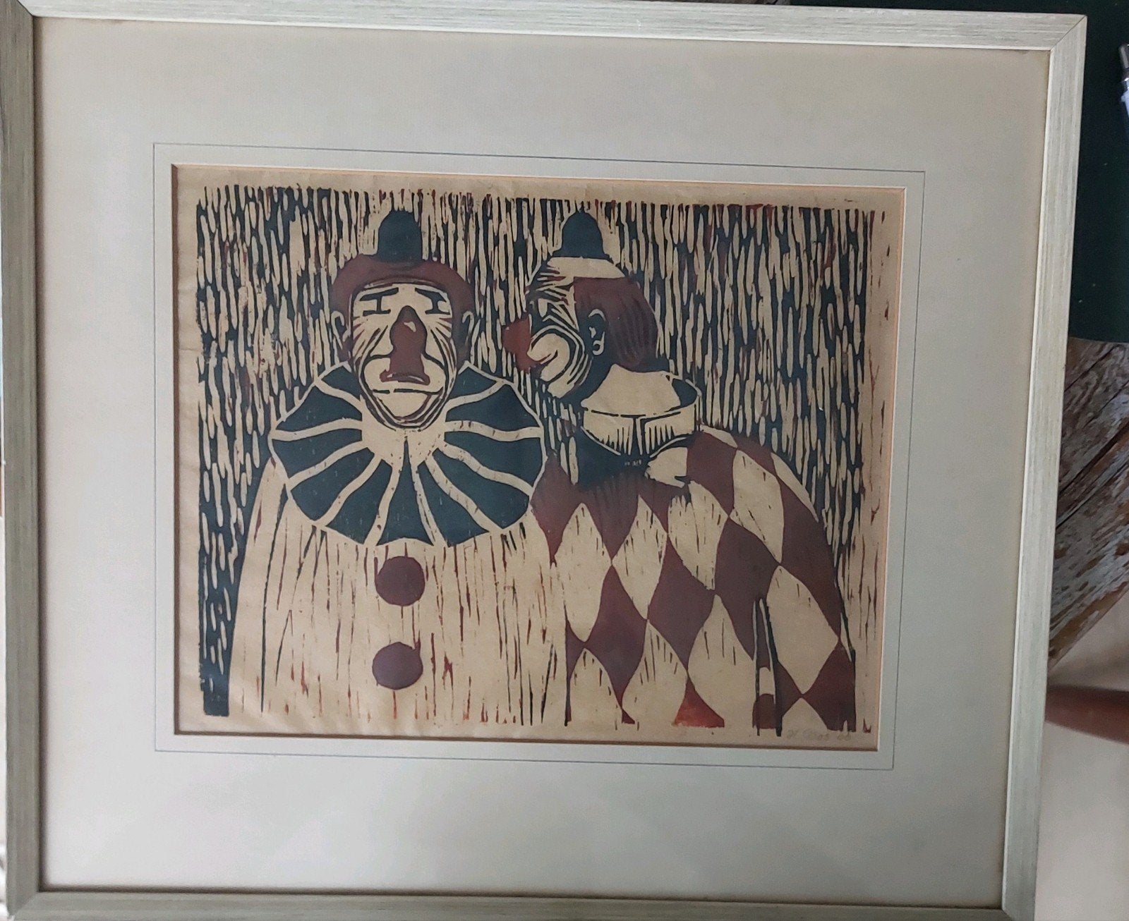 Kleur lino afdruk Clown  gesigneerd H Bos 1960 - 2 clowns, Antiek en Kunst, Dagelijks leven, 1950 - 1999, Ophalen of Verzenden