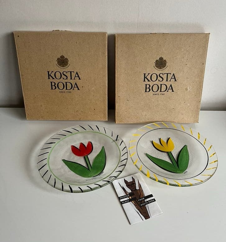 Set 2 Design Kosta Boda Tulipa Schaal Geel Rood Hydman, Ophalen of Verzenden