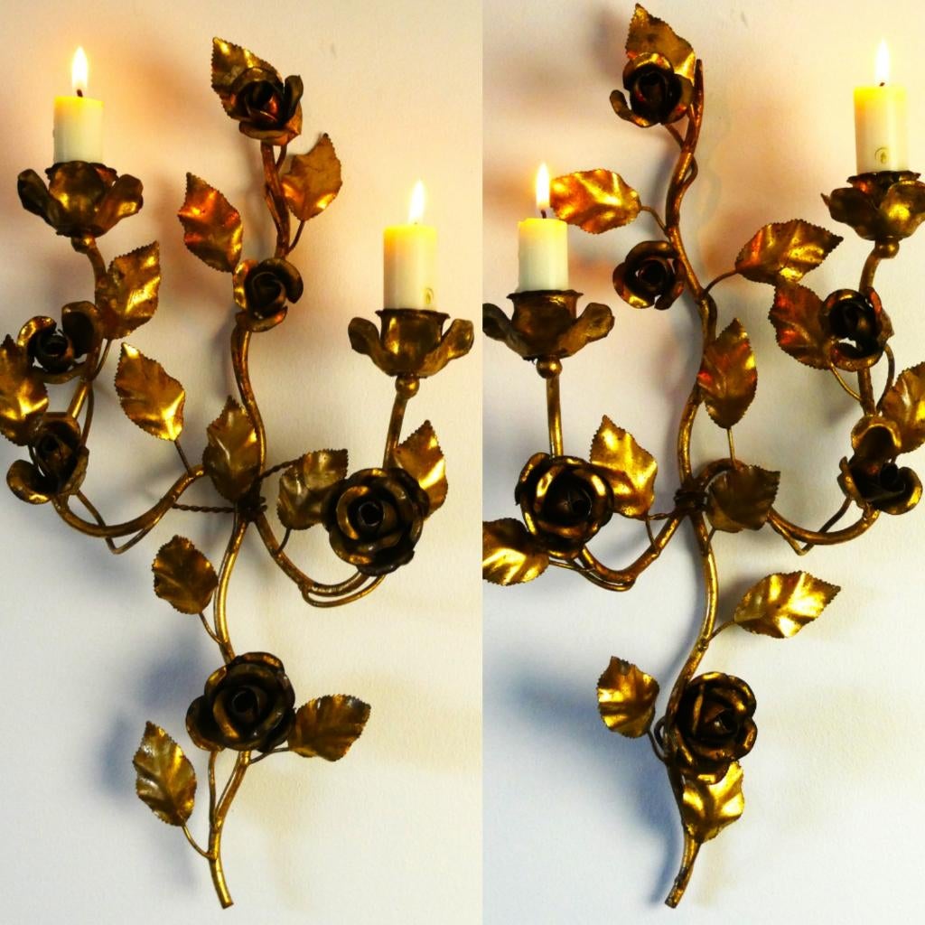 2 Goudvergulde wandkandelaars kandelaar rozentakken, Ophalen of Verzenden, Koper of Brons