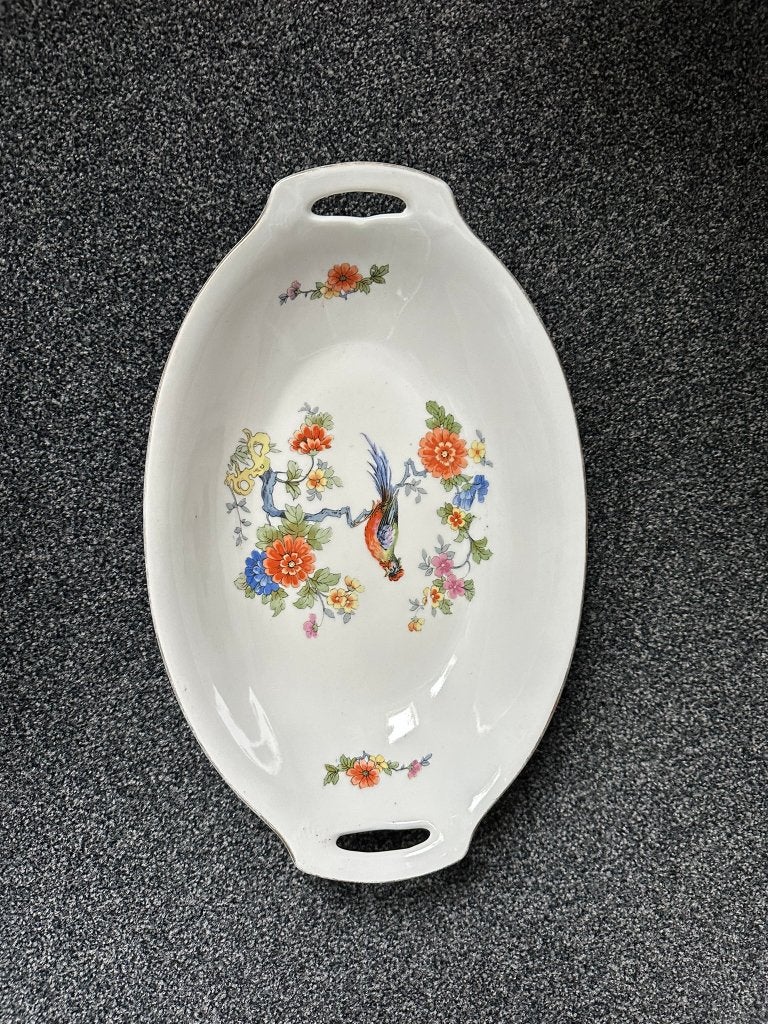 Antieke ovale serveerschaal met paradijsvogel & bloemdecor, Ophalen of Verzenden