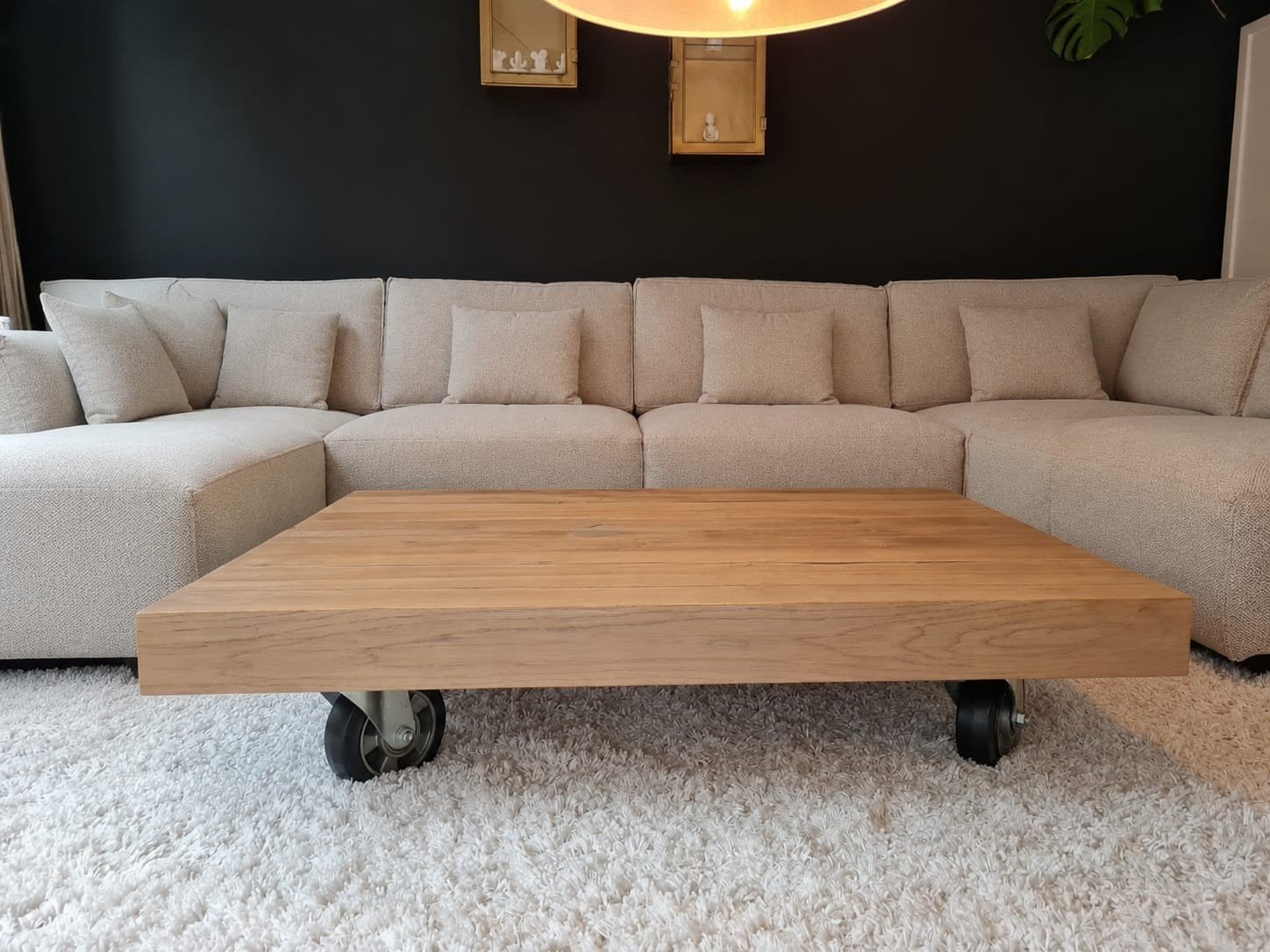 Robuuste eiken salontafel op industriële wielen, Ophalen, Vierkant, 50 tot 100 cm