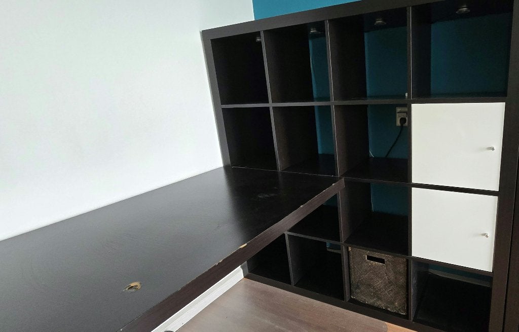 Open kast / Billy Ikea Expedit met inzet en bureautafel, Ophalen, Kunststof, Gebruikt, 100 tot 150 cm