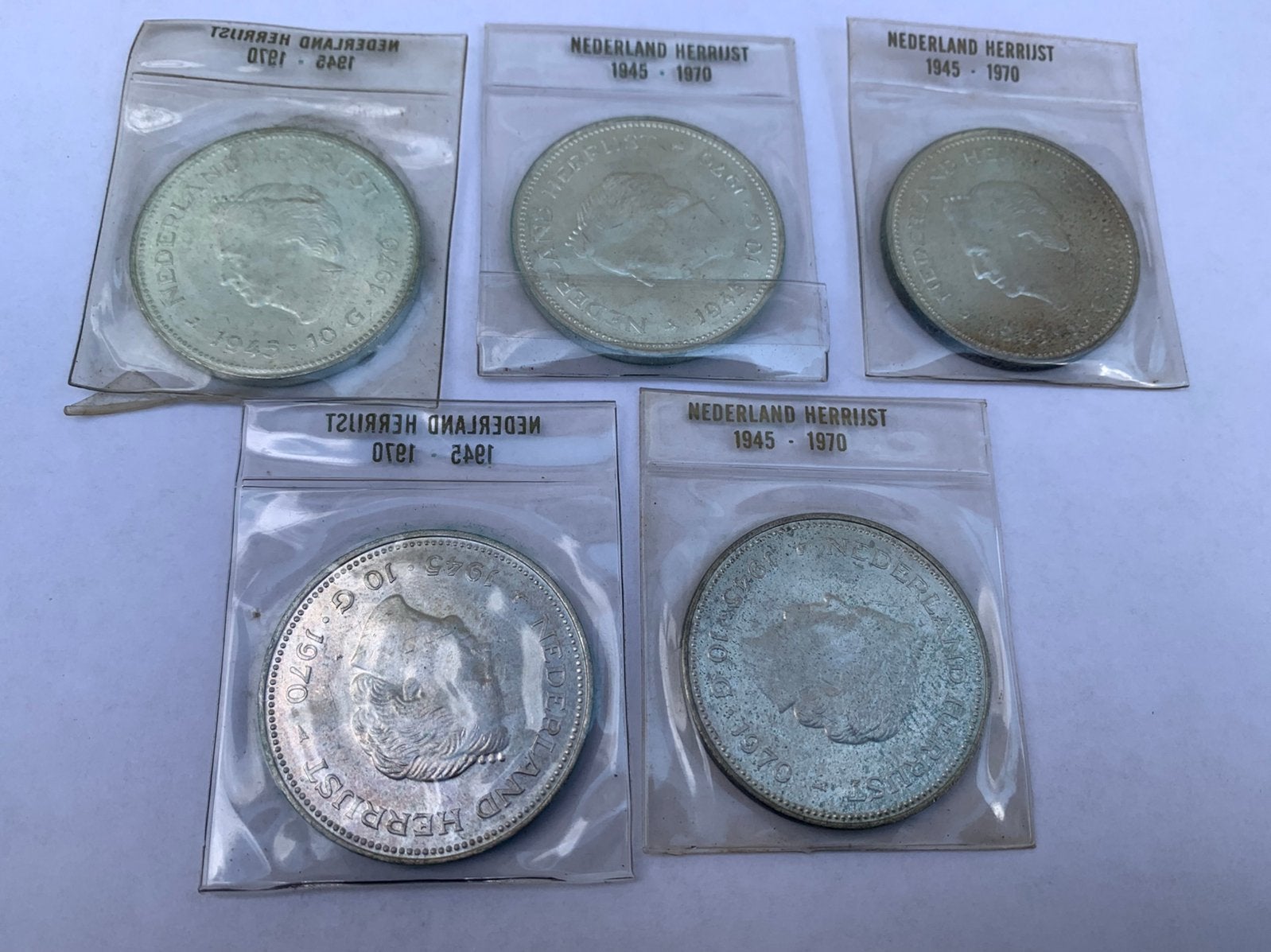 5 zilveren tientjes ned herrijst 1945-1970 in slab, Postzegels en Munten, Munten | Nederland, Ophalen of Verzenden, Koningin Juliana