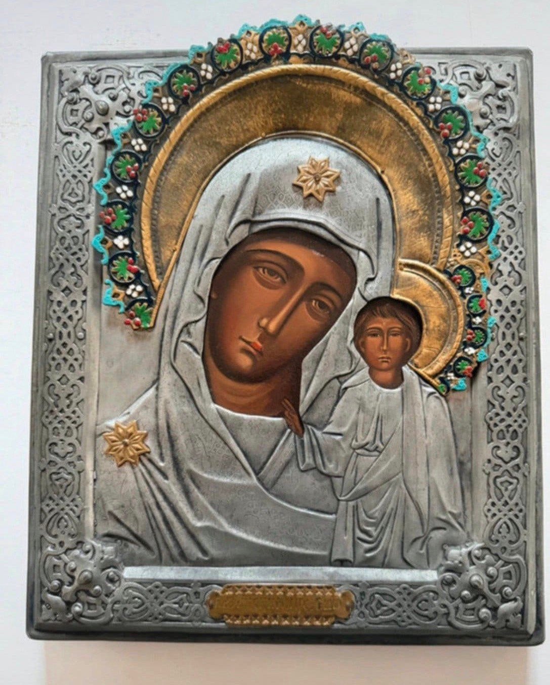 Antique Russian Orthodox Icon, silver Riza 19th 30x26cm., Ophalen of Verzenden