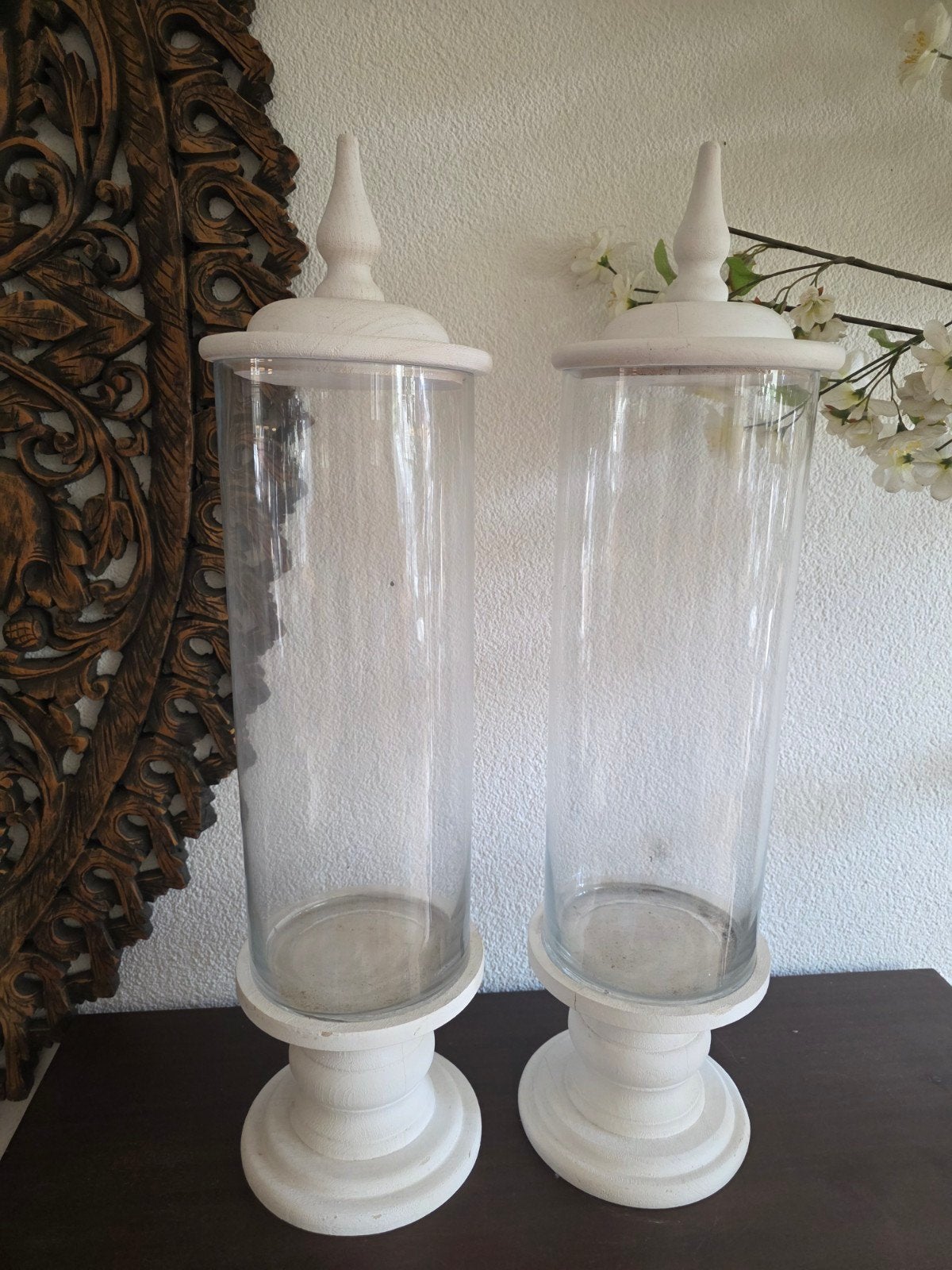 Set van 2 glazen windlichten met houten voet en deksel, Ophalen, Windlicht, Wit, Glas