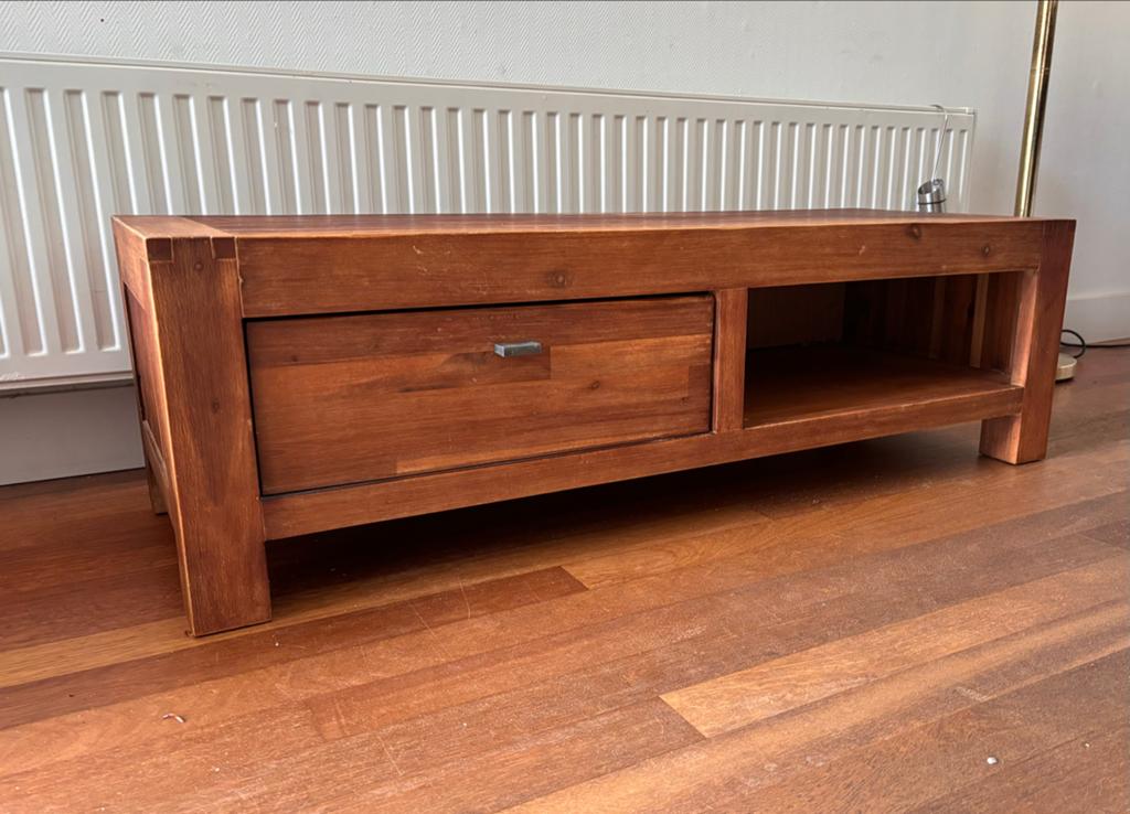 Houten tv-meubel met lade en open vak, Ophalen, Gebruikt, 100 tot 150 cm, Minder dan 100 cm