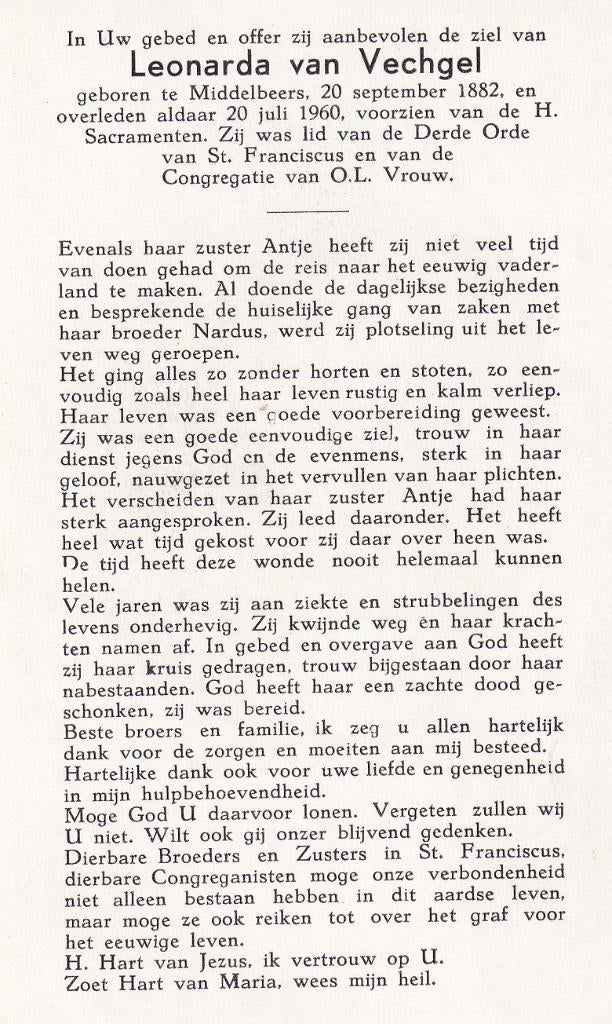 Vechgel Leonarda 1882 Middelbeers 1960, Ophalen of Verzenden, Bidprentje
