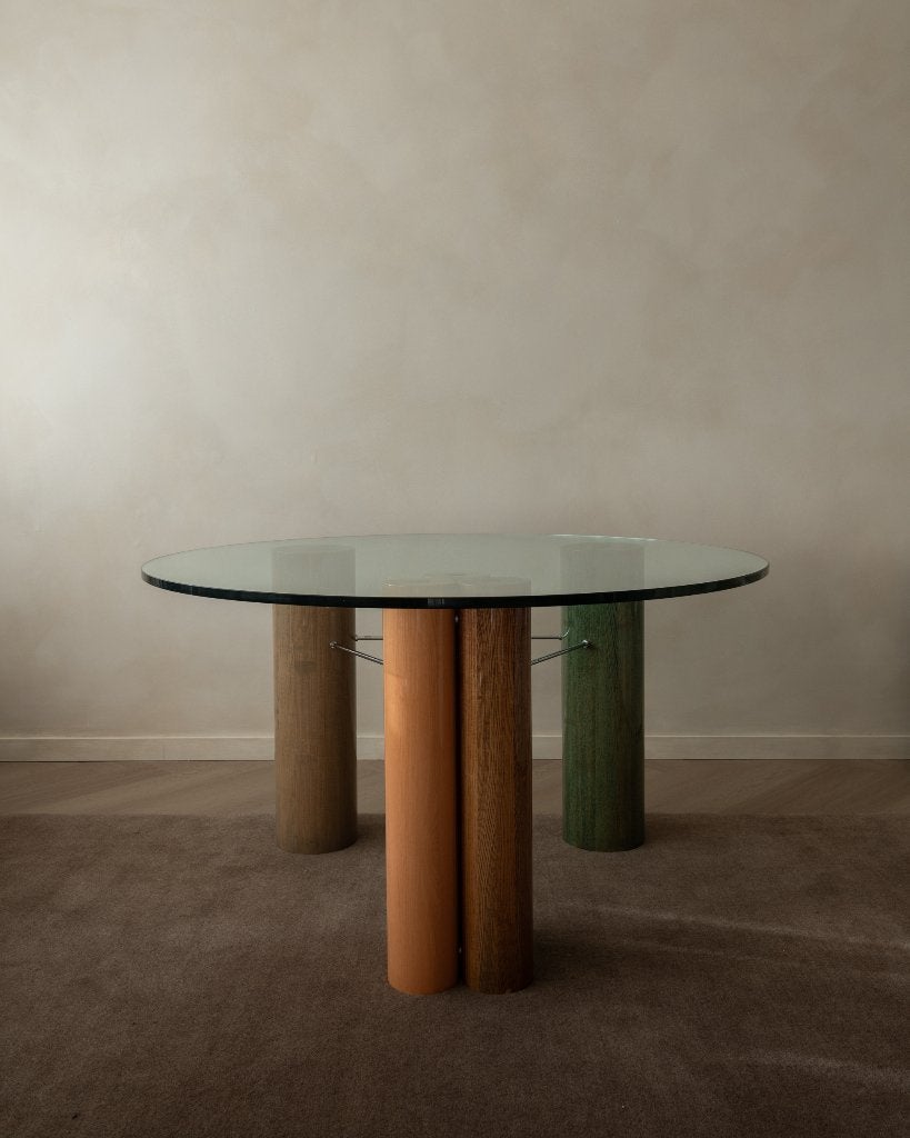Vintage Postmodern Italiaanse Glazen Eettafel Saporiti, Ophalen, Gebruikt, Rond, Glas