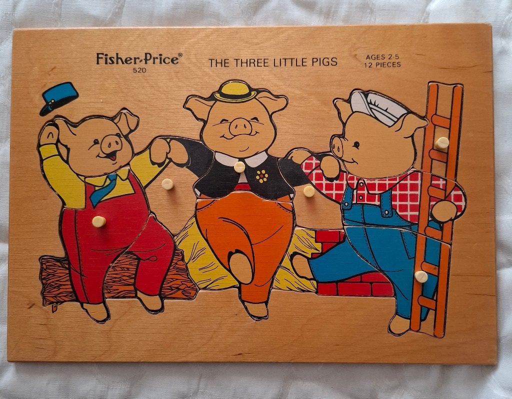 Vintage Puzzel Fisher-Price "De drie Biggetjes", 10 tot 50 stukjes, Ophalen of Verzenden, Zo goed als nieuw, Van hout