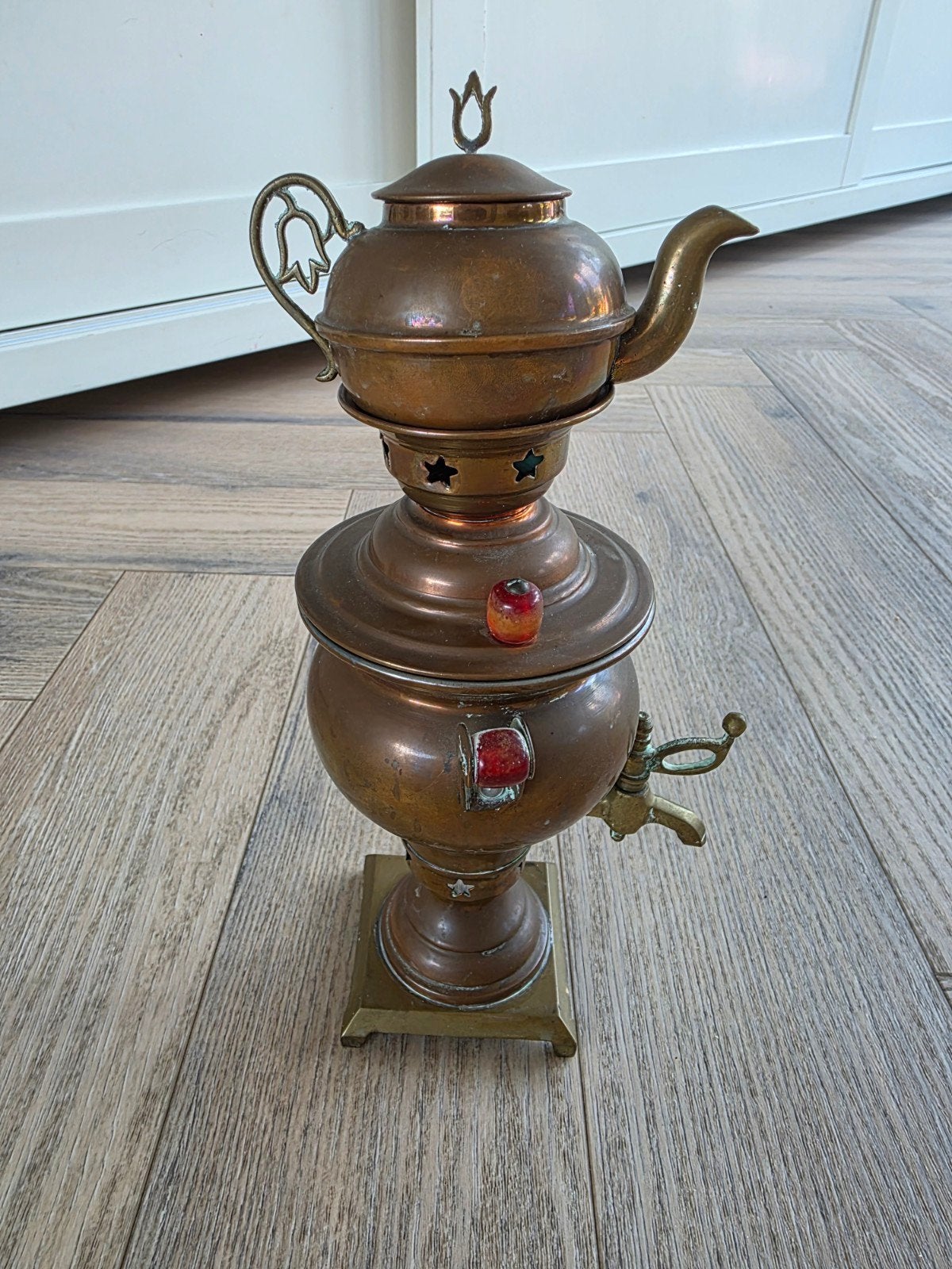 Vintage Koperen Miniatuur Samovar met Theepotje, Antiek en Kunst, Antiek | Koper en Brons, Ophalen of Verzenden